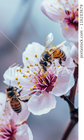 Close up of bees on soft pink cherry blossoms, natural macro spring background 116283679