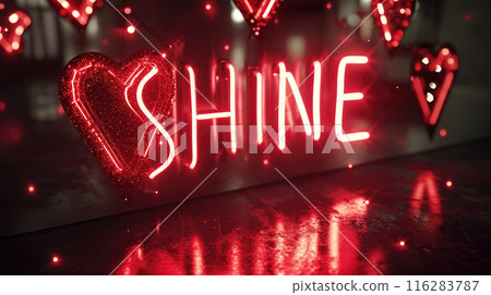 Glowing red neon lights sign spelling SHINE, dark background, retro 90s design 116283787