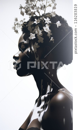 Black Young Woman, flowers in head, concept of skin positivity, vitiligo 116283819