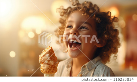 Curly haired child boy laughing with joy while eating caramel ice cream cone 116283834