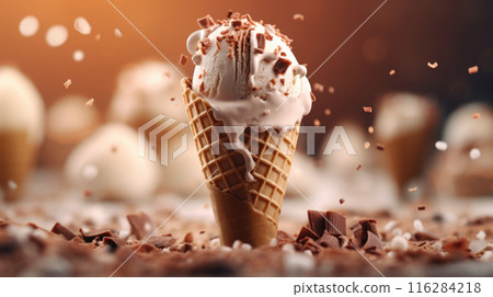Brown chocolate ice cream with melty ingredients, dessert food background 116284218