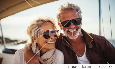 Smiling caucasian middle age couple enjoying leisure sailboat ride in summer 116284232