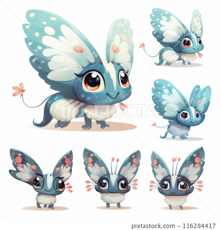 Adorable blue creatures with butterfly wings in various poses and expressions 116284417