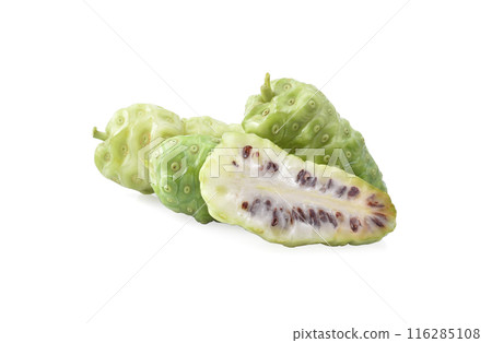 Noni or Morinda Citrifolia fruits with sliced isolated on white background Noni or Morinda Citrifolia fruits with sliced isolated on white background 116285108