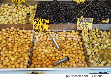 Buckets of olives for sale street food market Buckets of olives for sale street food market 116285169
