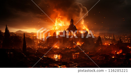 Destroyed burning city, Palestine on fire - AI generated image 116285221