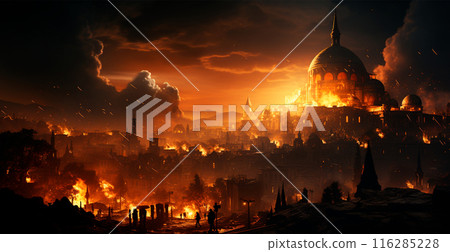 Destroyed burning city, Palestine on fire - AI generated image 116285228