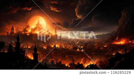 Destroyed burning city, Palestine on fire - AI generated image 116285229