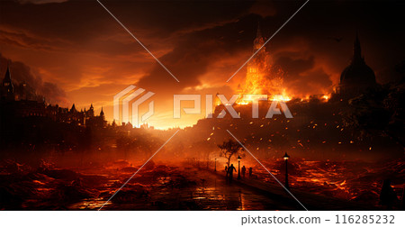 Destroyed burning city, Palestine on fire - AI generated image 116285232
