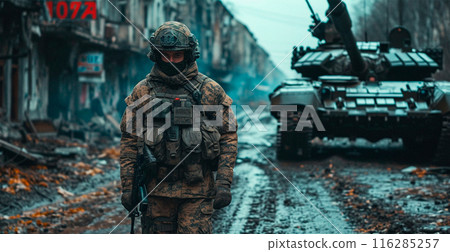 Military armored tank, soldier tanker on the battlefield, military conflict - AI generated image Military armored tank, soldier tanker on the battlefield, military conflict - AI generated image 116285257