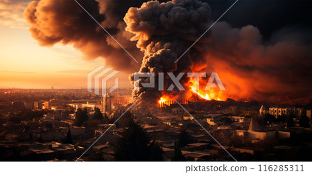 Bomb explosion in Palestine, Israeli attack on Gaza, eastern war - AI generated image 116285311