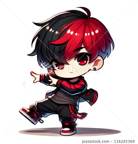 A boy with half red, half black hair is dancing A boy with half red, half black hair is dancing 116285369