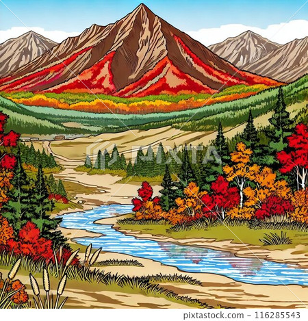 Illustration of autumn-colored mountains and a lake with autumn leaves 116285543