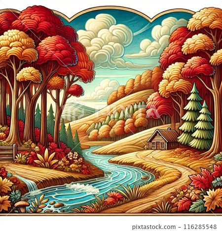 秋天風景的卡通風格插畫 116285548
