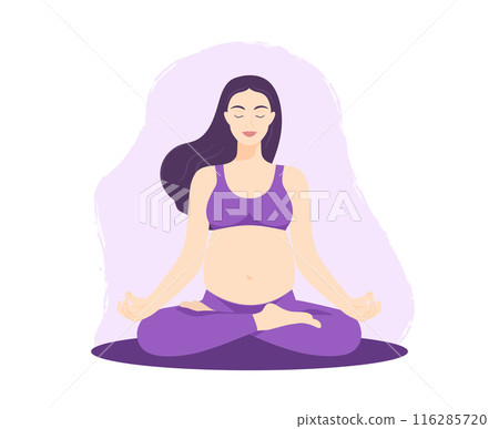 Smiling pregnant woman sitting in lotus pose. Meditating pregnant female practicing perinatal yoga. Healthy pregnancy concept 116285720