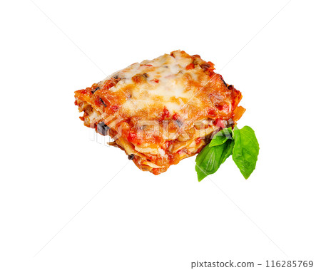 Close-up of a traditional lasagna made with minced beef bolognese sauce topped with basil leafs served on a white plate Close-up of a traditional lasagna made with minced beef bolognese sauce topped with basil leafs served on a white plate 116285769