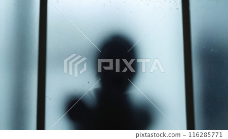 Eerie silhouettes behind frosted glass. Mysterious figures evoke suspense, fear, and the unknown. Concept of secrets, paranormal, or psychological thriller. 116285771