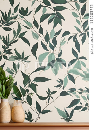 時尚的室內壁紙，餐具櫃上有花瓶和室內植物 116285773