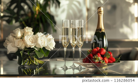 Two glasses of champagne and a dish of strawberries stand on a marble table decorated with a bouquet of white roses in a vase. 116286054