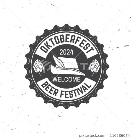 Oktoberfest logo or badge design. Vector. German traditional hat, bottle cap and malt. Vintage typographic design. 116286074