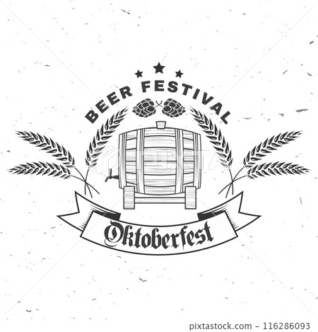 Oktoberfest logo or badge design. Vector. Beer barrel with malt and barley ear. Oktoberfest logo or badge design. Vector. Beer barrel with malt and barley ear. 116286093