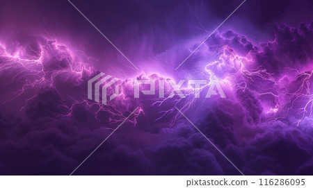 Rolls of thunder and lightning in a purple sky shrouded in dark clouds. illustration 116286095
