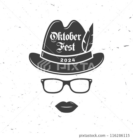 Oktoberfest logo or badge design. Vector. German traditional hat with glasses and lips. Oktoberfest logo or badge design. Vector. German traditional hat with glasses and lips. 116286115