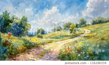 水彩画 農村風景 S. Naichi 農村の風景を水彩で野外スケッチ