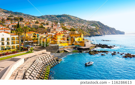 View of Funchal and Fuerte De Madeira in the historical center. Madeira Island, Portugal 116286613