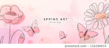 Flower butterfly vector background. Spring floral pattern with gradient elements, line flowers and insects. Nature blossom, tender romantic design 116286633