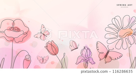Flower butterfly vector background. Spring floral pattern with gradient elements, line flowers and insects. Nature blossom, tender romantic design 116286635