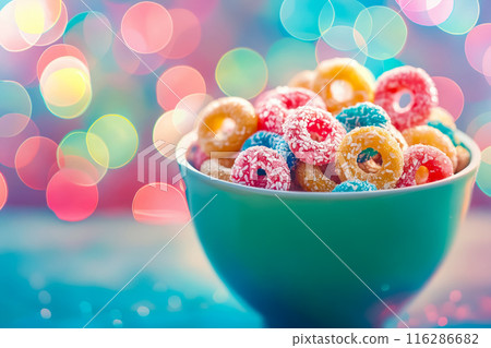 A bowl of colorful cereal with a blue bowl 116286682