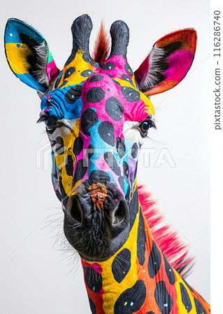 A giraffe with colorful paint on its face 116286740