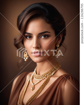 A woman with long brown hair and gold jewelry is posing for a photo 116286795