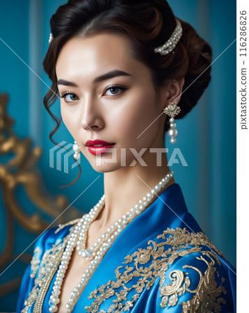 A woman wearing a blue dress with gold and white embroidery and pearls A woman wearing a blue dress with gold and white embroidery and pearls 116286826