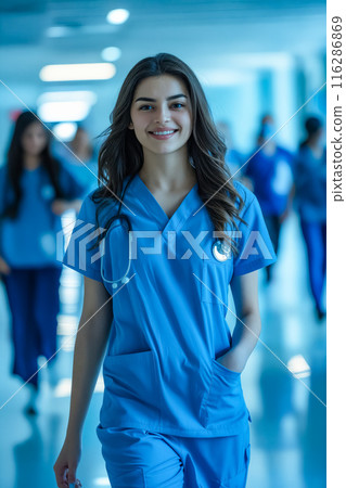 A woman in a blue scrubs is smiling and walking down a hallway 116286869