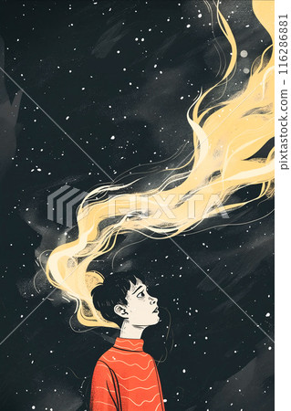 A boy with a long yellow hair is looking up at the sky A boy with a long yellow hair is looking up at the sky 116286881