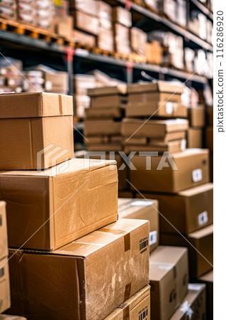 Boxes are stacked on top of each other with some boxes saying "Hanes." 116286920