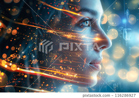 A woman's face is shown in a blurry, abstract style with orange and blue streaks A woman's face is shown in a blurry, abstract style with orange and blue streaks 116286927