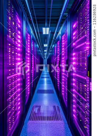 Long and narrow purple lit hallway with servers on both sides of it 116286928