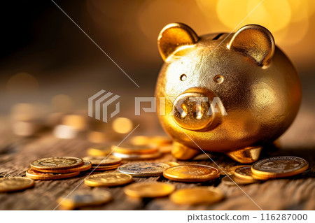 Piggy bank filled with gold coins sits on table 116287000