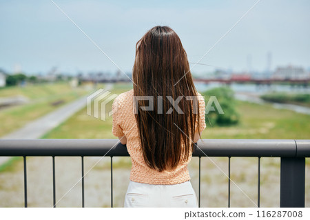 Back view of a young woman looking at the view Back view of a young woman looking at the view 116287008