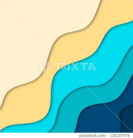 Abstract blue sea and beach summer background with paper waves and sea coast for banner, invitation, poster or website design. Paper cut style, imitation 3d. eps 10 116287078