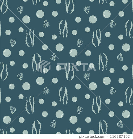 Algae and water bubbles seamless pattern. Underwater life endless background. Vector hand drawn flat illustration. Algae and water bubbles seamless pattern. Underwater life endless background. Vector hand drawn flat illustration. 116287192