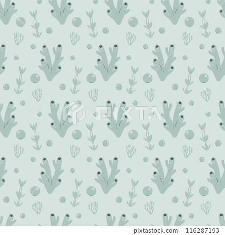 Coral reef, algae and water bubbles seamless pattern. Underwater life endless background. Vector hand drawn flat illustration. 116287193