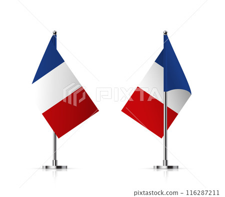 Flags of France on pole vector illustration. 3D realistic flagpoles on mini steel vertical stands, isolated desktop flagstaff, blue, white and red french flags with stripes on metal sticks Flags of France on pole vector illustration. 3D realistic flagpoles on mini steel vertical stands, isolated desktop flagstaff, blue, white and red french flags with stripes on metal sticks 116287211