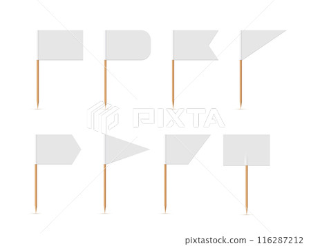 White small flags on toothpicks set vector illustration. 3D realistic blank flags of different shapes on wooden sticks, empty round triangular rectangle mini decorative pennants for food collection White small flags on toothpicks set vector illustration. 3D realistic blank flags of different shapes on wooden sticks, empty round triangular rectangle mini decorative pennants for food collection 116287212