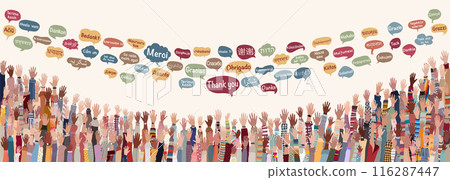 Banner with many raised hands of multicultural people from different nations and continents with Speech Bubbles with text -THANK YOU- in various international languages.Communication.Equal Banner with many raised hands of multicultural people from different nations and continents with Speech Bubbles with text -THANK YOU- in various international languages.Communication.Equal 116287447
