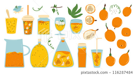 Sweet granadilla products set. Tropical fruit, juice, sorbet and jam clipart. Homemade passiflora food collection. Vector illustration isolated on white background. 116287484
