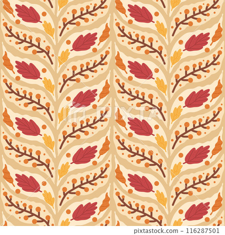 Autumn leaves and berry brunch seamless pattern. Fall forest braiding repeat background. Vector hand drawn flat illustration. Autumn leaves and berry brunch seamless pattern. Fall forest braiding repeat background. Vector hand drawn flat illustration. 116287501